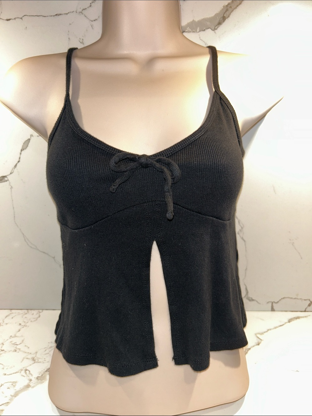 Hollister Black Ribbed Spaghetti-Strap Camisole with Front Tie and Slit